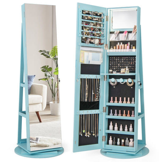 360?° Rotating Mirrored Jewelry Cabinet Armoire 3 Color LED Modes Lockable-Blue - Color: Blue D681-JV10430LU