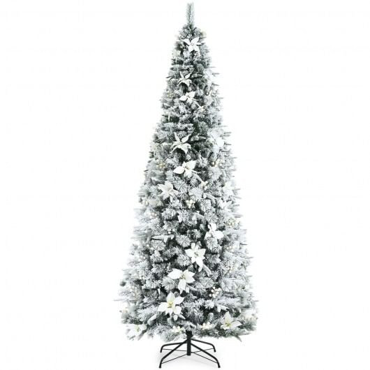 Snow Flocked Christmas Pencil Tree with Berries and Poinsettia Flowers- 8 ft - Color: White - Size: D681-CM23503