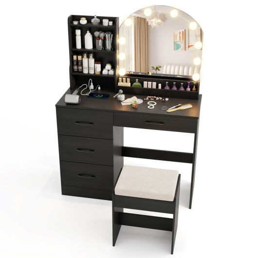 Makeup Vanity Desk Dressing Table and Stool Set with Mirror and Lights-Black - Color: Black D681-HU10976US-DK+