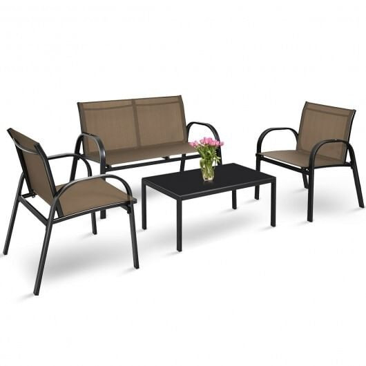 4 Pieces Patio Furniture Set with Glass Top Coffee Table-Brown - Color: Brown D681-HW65848ZS