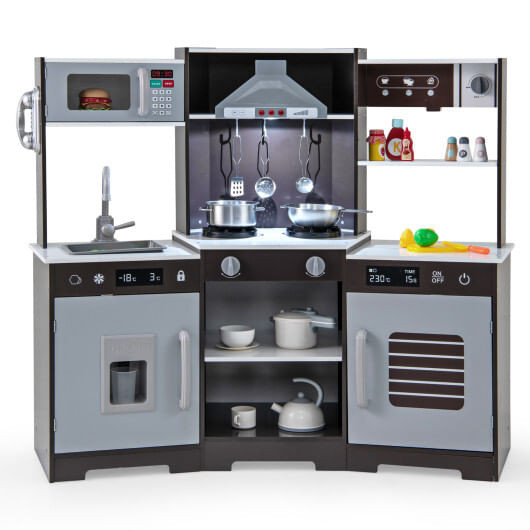 Pretend Play Kitchen Wooden Toy Set with Range Hood Real Sounds and Lights-Brown - Color: Brown D681-TP10237BN