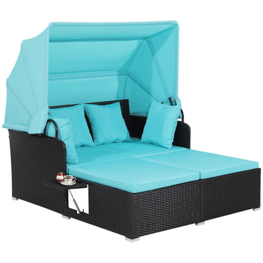 Patio Rattan Daybed with Retractable Canopy and Side Tables-Turquoise - Color: Turquoise D681-HW70628TU