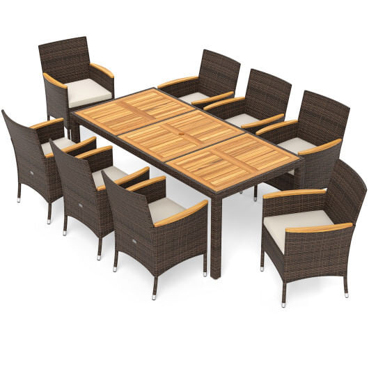 9 Piece Outdoor Dining Set with Acacia Wood Table Top-Beige - Color: Beige D681-HW73184WH+