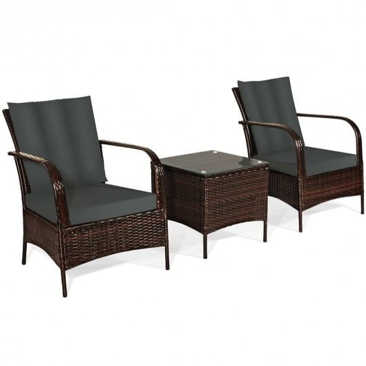 3 Pcs Patio Conversation Rattan Furniture Set with Glass Top Coffee Table and Cushions-Gray - Color D681-HW65850GR