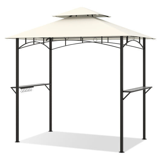 Outdoor Double-Tiered Grill Gazebo Canopy with 2 Shelves and 7 Hooks-Beige - Color: Beige D681-NP12041BE