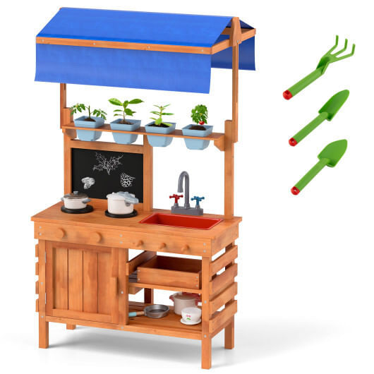 Wooden Pretend Play Kitchen with Height Adjustable Canopy for Kids-Natural - Color: Natural D681-TP10274NA