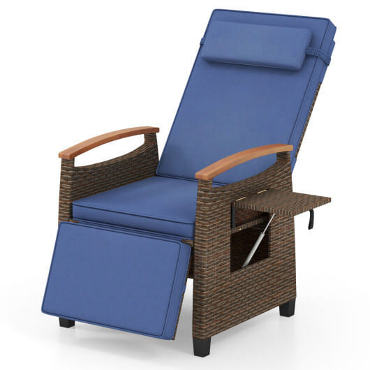 Patio Wicker Recliner Chair with Adjustable Backrest and Footrest-Navy - Color: Navy D681-HW72339NY