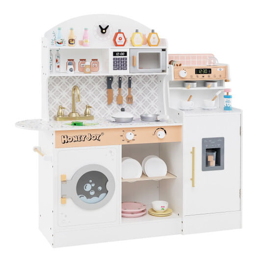 Kids Kitchen Set Wooden with Coffee Makers and Accessories-White - Color: White D681-TM10119WH