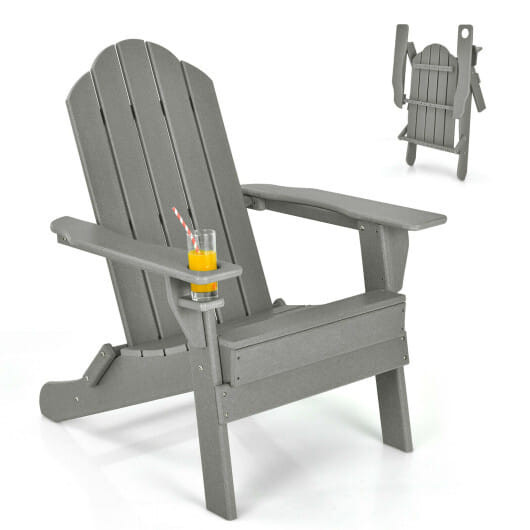 Foldable Weather Resistant Patio Chair with Built-in Cup Holder-Gray - Color: Gray D681-NP10250GR