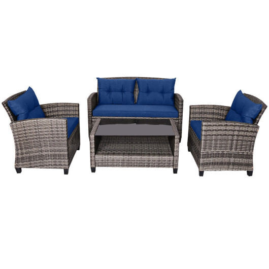 4 Pieces Patio Rattan Furniture Set Coffee Table Cushioned Sofa-Navy - Color: Navy D681-HW68647NY+