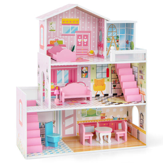 Kids Wooden Dollhouse Playset with 5 Simulated Rooms and 10 Pieces of Furniture-Pink - Color: Pink D681-TP10148PI