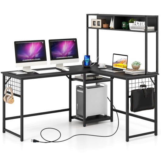 L-shaped Desk with Power Outlet Hutch-Black - Color: Black D681-CB10537US-DK