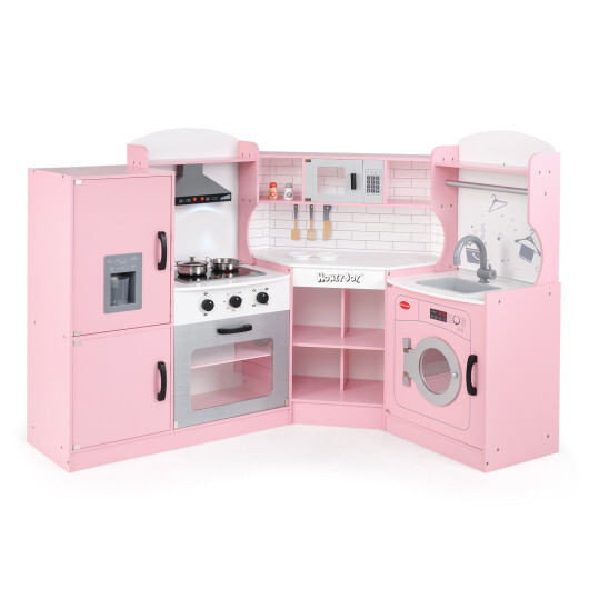 Corner Kids Play Kitchen with Washing Machine and Ice Maker Gift for Boys Girls-Pink - Color: Pink D681-TM10080PI