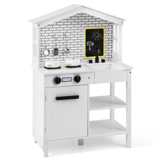 Kids Wooden Kitchen Play Set with Storage Shelves and Accessories-White - Color: White D681-TP10138WH