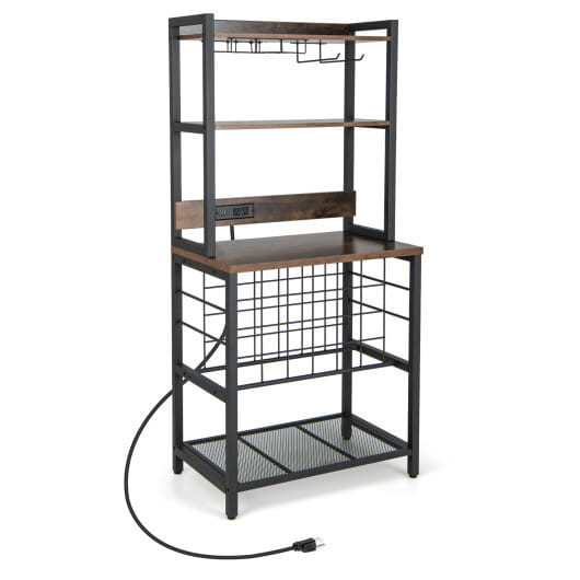 Wine Bar Cabinet Wine Rack with 4 Tier Storage Shelves and Glass Holders-Brown - Color: Brown - Siz D681-JV11143US-CF