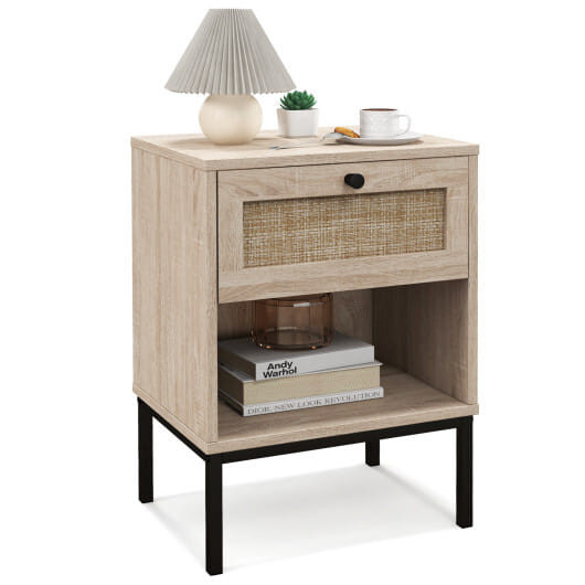 Rattan Nightstand Boho End Table with Rattan Drawer & Open Shelf-Oak - Color: Oak D681-JV11420OK