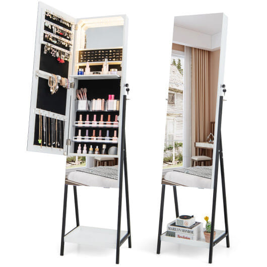 Lockable Freestanding Jewelry Organizer with Full-Length Frameless Mirror-White - Color: White D681-JV11277WH