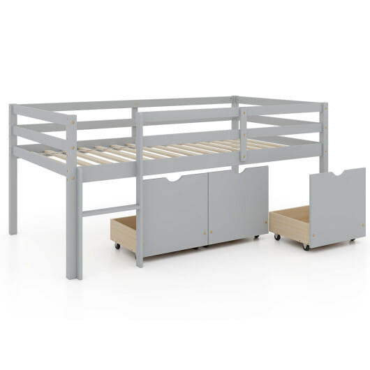 Twin Size Low Loft Bed with 3 Drawers with Ladder and Full-length Guardrails-Gray - Color: Gray D681-HU10706GR