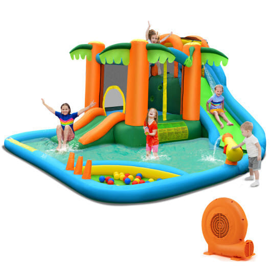 7-in-1 Inflatable Water Slide Park with Trampoline Climbing and 680W Blower - Color: Multicolor D681-NP10328+ES10151US