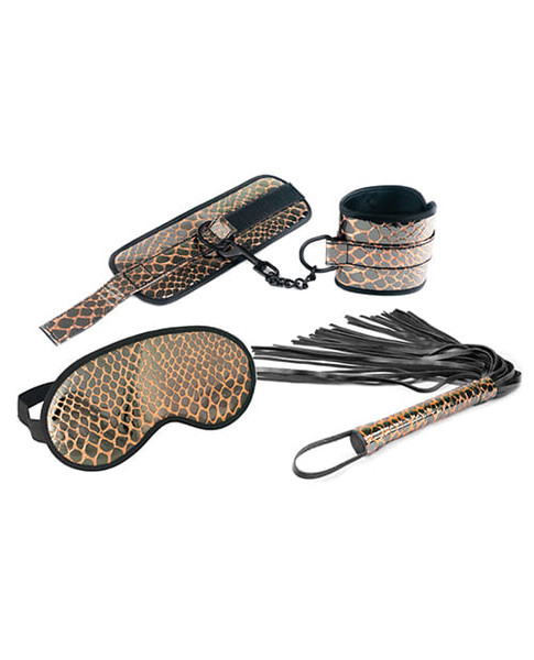 Spartacus Faux Leather Wrist Restraints Blindfold & Flogger Bondage Kit - Gold X615-SPU-115GD