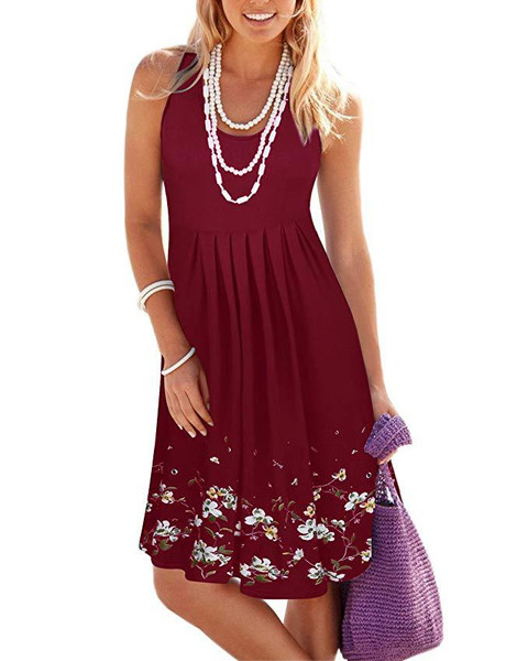 Color: Wine red, Size: 2XL - Sleeveless Floral Print Loose Summer Dress Fashion Casual Women Dress Q119-CJNSSYLY02066-Wine red-2XL