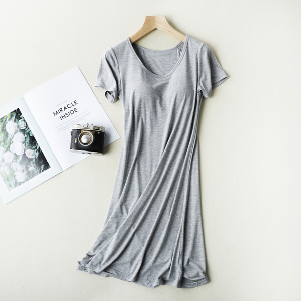 Color: Gray, Size: L - Modal with chest padded bra short-sleeved nightdress pajamas large size home Q119-CJNSSYLY01832-Gray-L