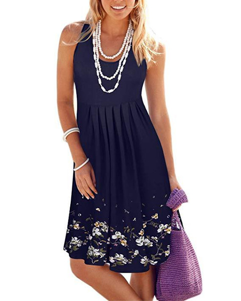Color: Navy, Size: L - Sleeveless Floral Print Loose Summer Dress Fashion Casual Women Dress Q119-CJNSSYLY02066-Navy-L