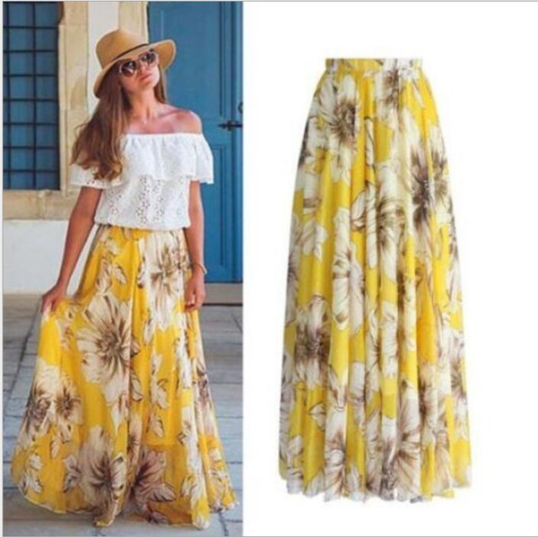Color: Yellow, Size: XL - Bohemian big pen print skirt skirt half length skirt summer Q119-CJNSSYLY01934-Yellow-XL