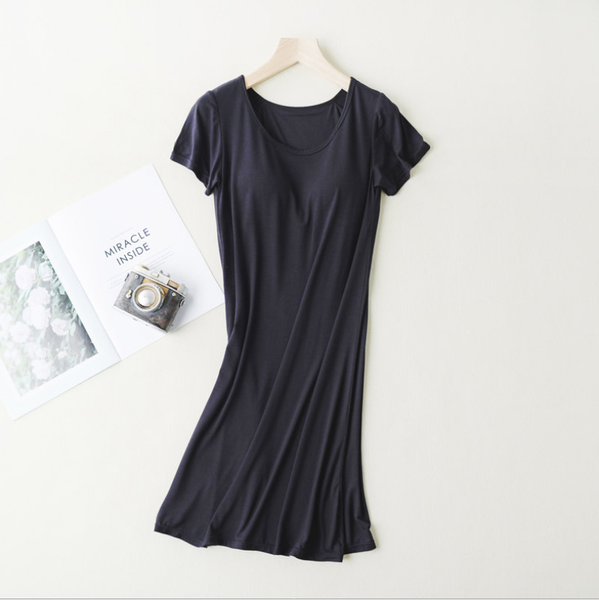 Color: Black, Size: L - Modal with chest padded bra short-sleeved nightdress pajamas large size hom Q119-CJNSSYLY01832-Black-L