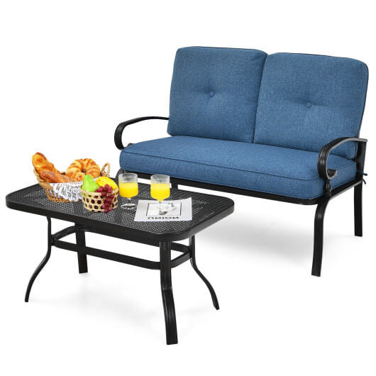 2 Pieces Patio Loveseat Bench Table Furniture Set with Cushioned Chair-Blue - Color: Blue D681-NP10179NY