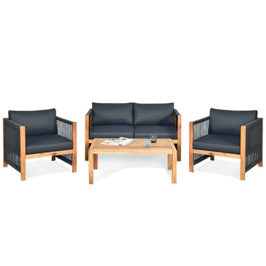 4 Pieces Acacia Wood Outdoor Patio Furniture Set with Cushions-Gray - Color: Gray D681-HW63868GRC+
