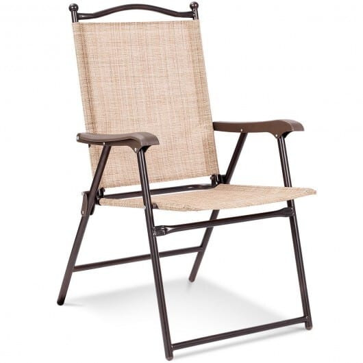 Set of 2 Patio Folding Sling Back Camping Deck Chairs-Beige - Color: Beige D681-OP3568-2YE