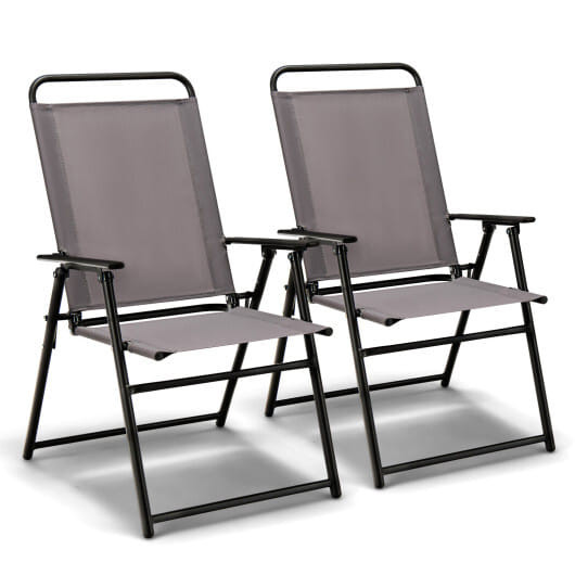 Set of 2 Outdoor Folding Sling Chairs with Armrest and Backrest-Gray - Color: Gray D681-NP11097GR-2