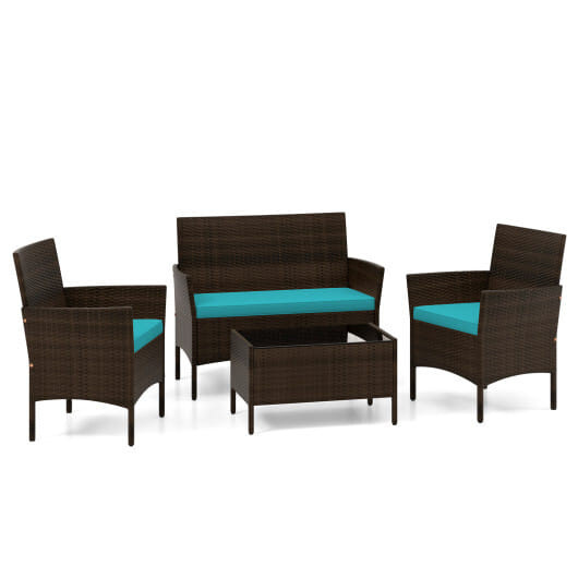 4 Piece Patio Rattan Conversation Set with Cozy Seat Cushions-Turquoise - Color: Turquoise D681-HW71887TU