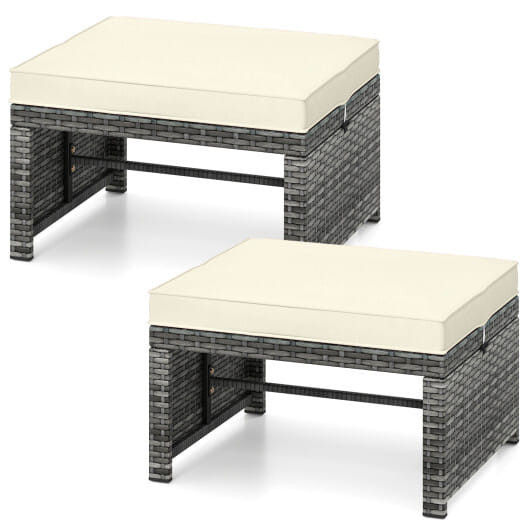 2 Pieces Patio PE Rattan Ottomans with Soft Zippered Cushions for Deck-White - Color: White D681-HW73635WH