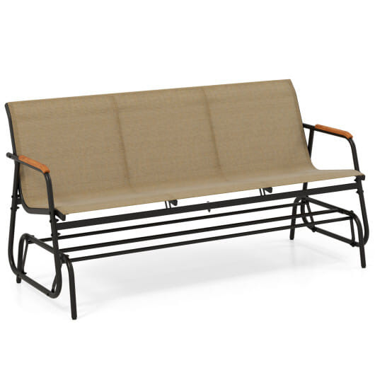 Patio Glider Bench with Curved Teak Armrests and Breathable Fabric Seat for 3 People-Brown - Color: D681-NP12177CF