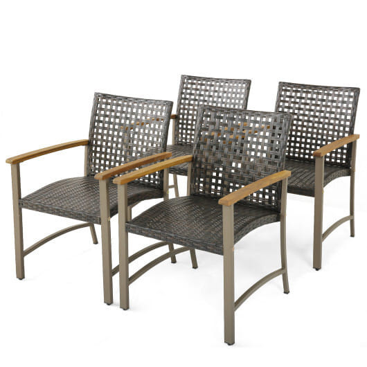 Set of 4 Patio Rattan Dining Chairs with Acacia Wood Armrests-Set of 4 - Color: Gray D681-HW71250-4