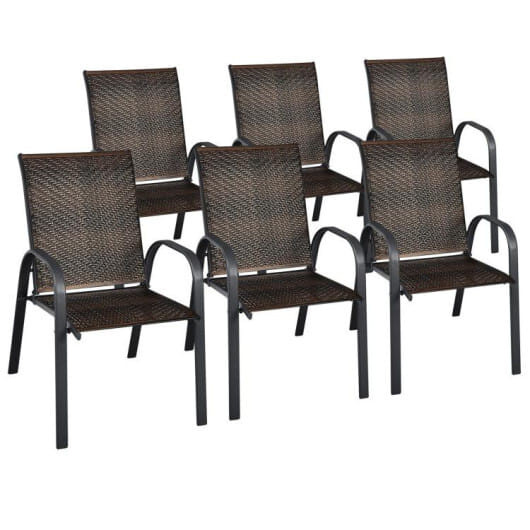 Set of 6 Outdoor PE Wicker Stackable Chairs with Sturdy Steel Frame-Brown - Color: Brown D681-NP10511CF-6