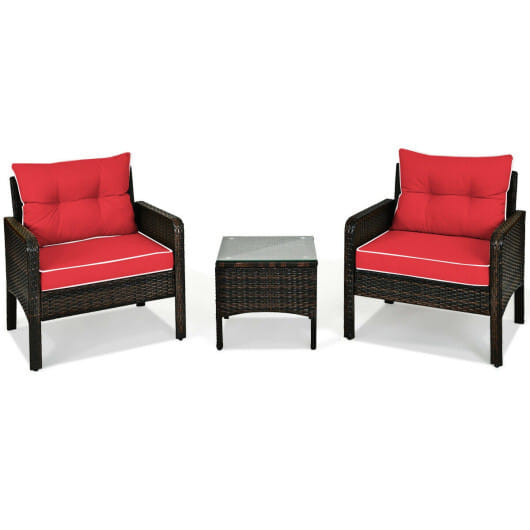 3 Pcs Outdoor Patio Rattan Conversation Set with Seat Cushions-Red - Color: Red D681-HW68639RE