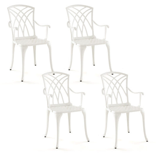 Set of 4 Cast Aluminum Patio Dining Chairs with Armrests and Decorative Patterns - Color: White D681-NP11323WH-22