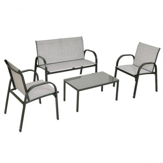 4 Pieces Patio Furniture Set with Glass Top Coffee Table-Gray - Color: Gray D681-HW65848GR