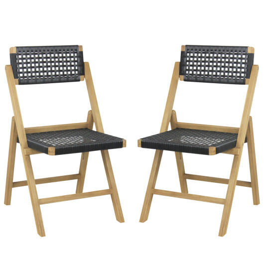 Set of 2 Folding Chairs Indonesia Teak Wood Dining Chairs with Woven Rope Seat and Back - Color: Na D681-JV11368