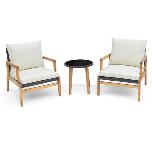 3 Pieces Patio Furniture Set with Cushioned Chairs and Tempered Glass Side Table-Brown - Color: Bro D681-HW71614WH