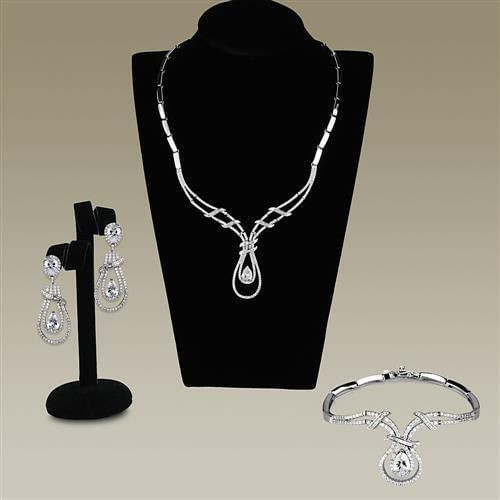 3W1095 - Rhodium Brass Jewelry Sets with AAA Grade CZ  in Clear A874-3W1095
