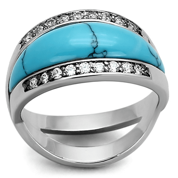 LOA882 - Rhodium Brass Ring with Synthetic Turquoise in Sea Blue A874-LOA882