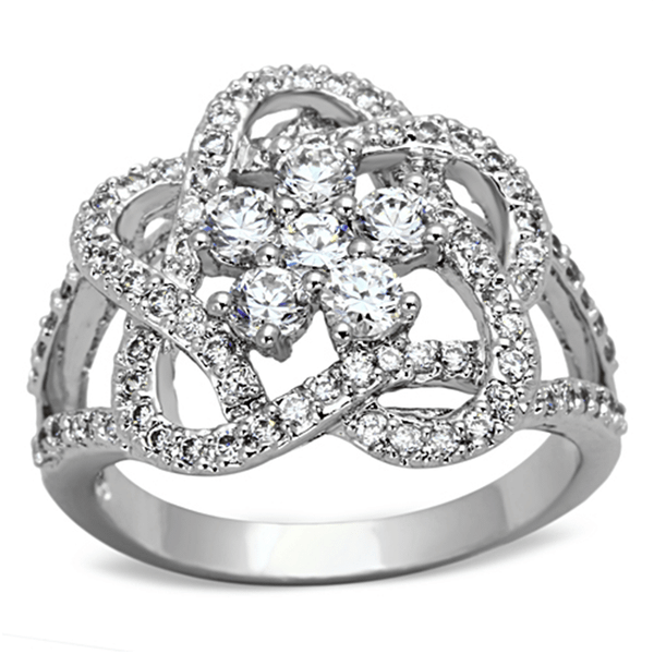 3W523 - Rhodium Brass Ring with AAA Grade CZ  in Clear A874-3W523