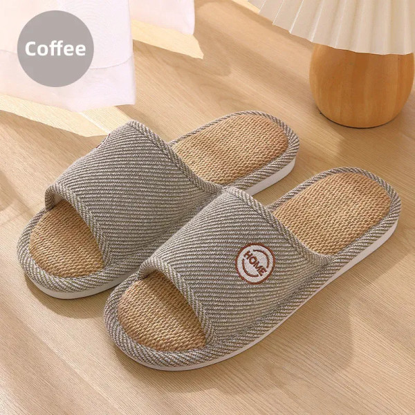 Color: SKY BLUE, Shoe Size: 15 - Linen Slippers Indoor Home Breathable Women Men Slides Linen Coupl F640-12000039932948080