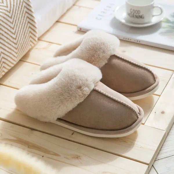 Color: Khaki, Shoe Size: 38 - Women's Faux Fur Slippers 2024 New Warm Thicked Plush Bedroom Sandals F640-12000035047083421