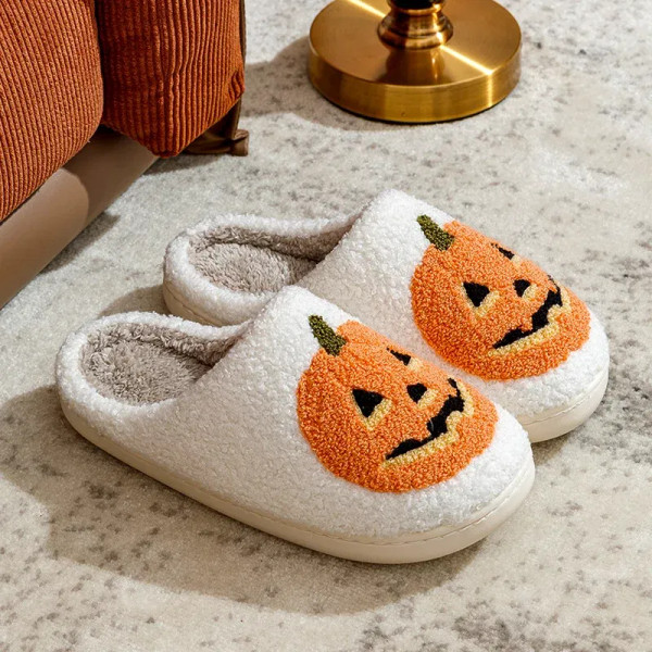 Color: WHITE, Shoe Size: 3.5 - Smile Pumpkin Halloween Women's Slippers Winter Indoor Cartoon Comfo F640-12000039892808848