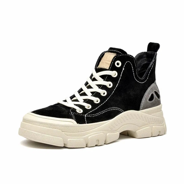 Color: black, Shoe Size: 7.5 - BeauToday Casual Sneakers Women Suede Leather Round Toe Lace-Free Hi F640-10000015693275348